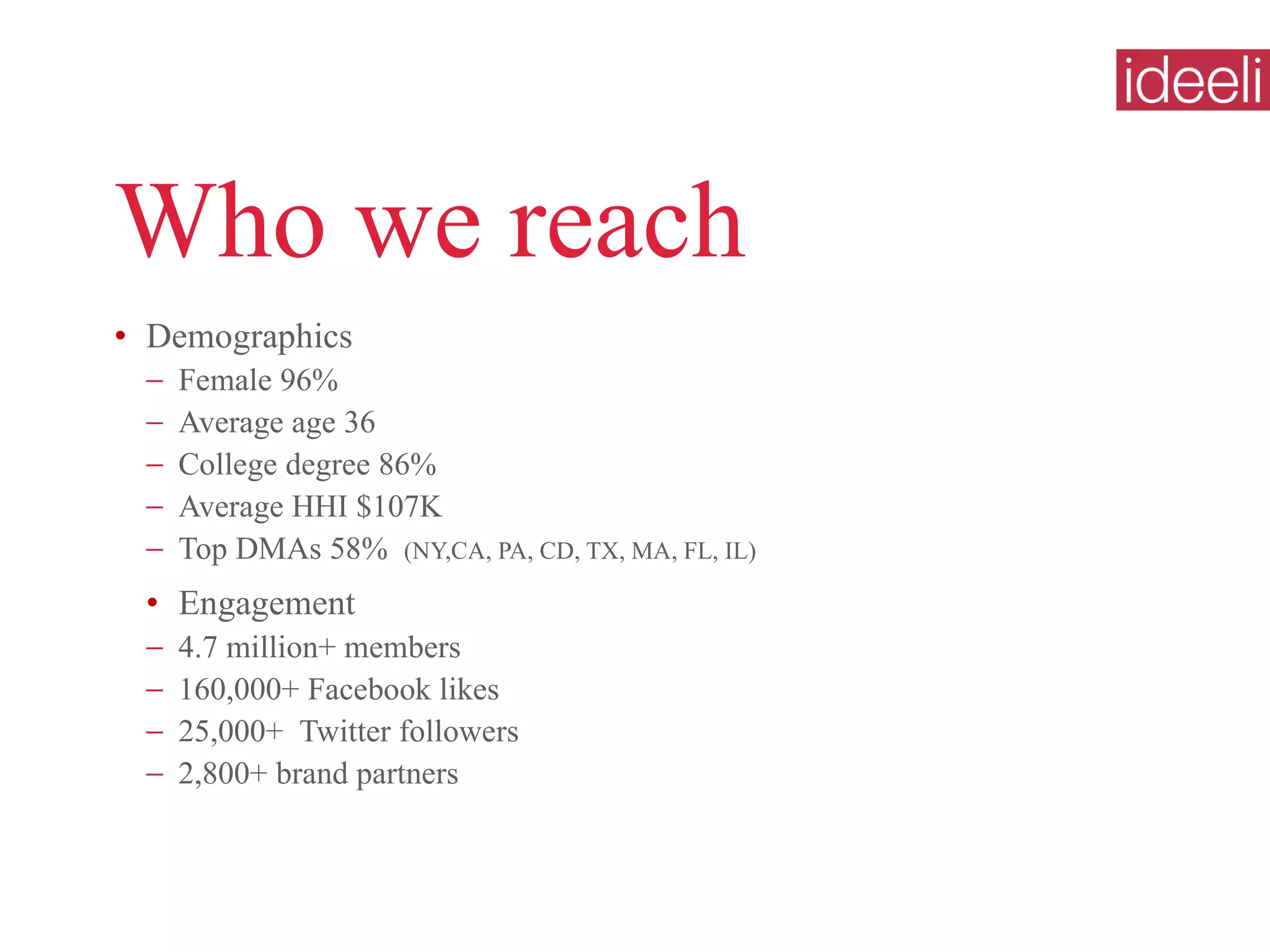 Who we reach Demographics Female 96%  Average age 36 College degree 86% Average HHI $107K Top DMAs 58%  (NY,CA, PA, CD, TX, MA, FL, IL)  Engagement  4.7 million+ members  160,000+ Facebook likes 25,000+  Twitter followers  2,800+ brand partners  