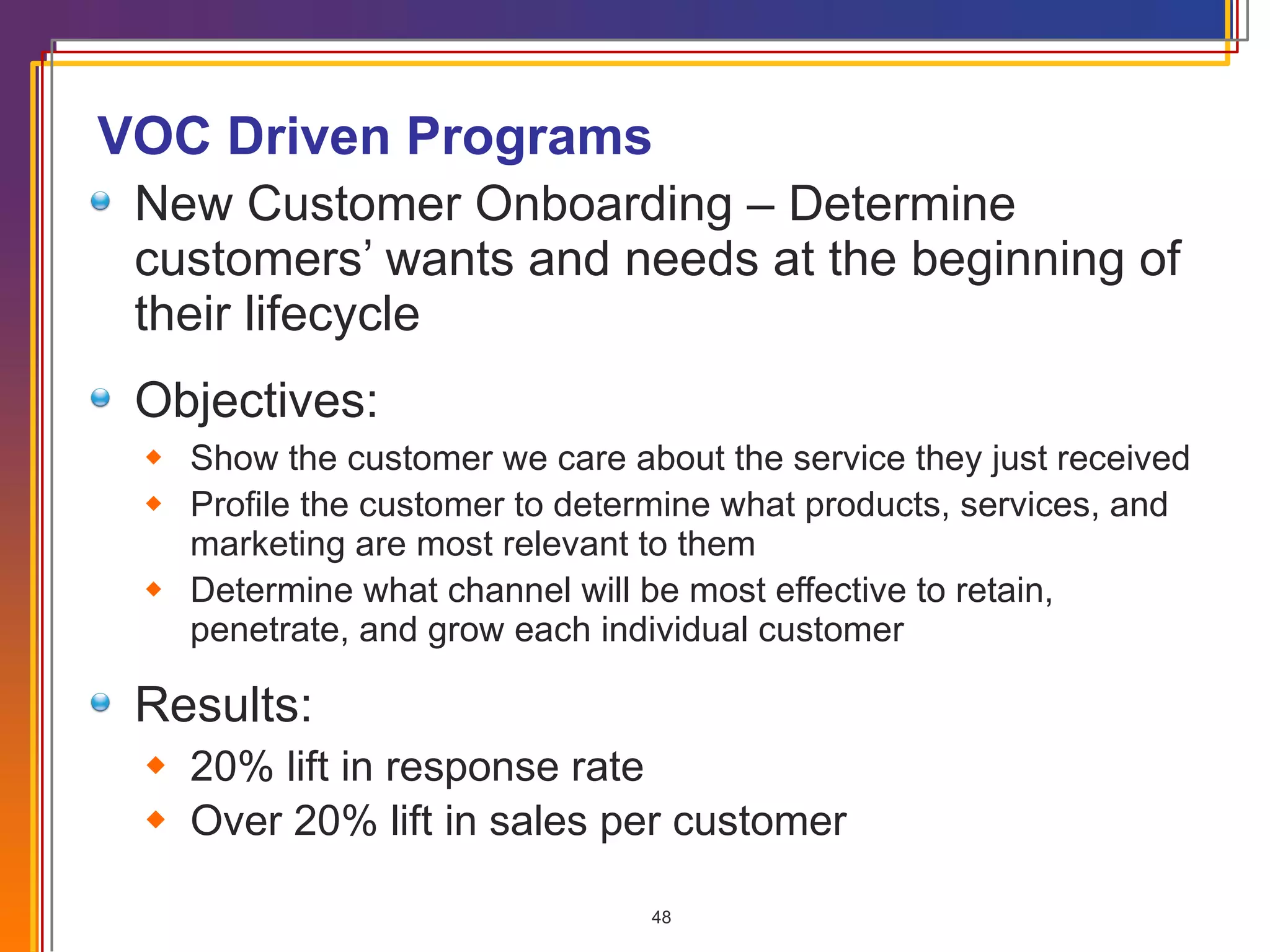 VOC Driven Programs New Customer Onboarding – Determine customers’ wants and needs at the beginning of their lifecycle Objectives: Show the customer we care about the service they just received Profile the customer to determine what products, services, and marketing are most relevant to them  Determine what channel will be most effective to retain, penetrate, and grow each individual customer Results: 20% lift in response rate Over 20% lift in sales per customer 