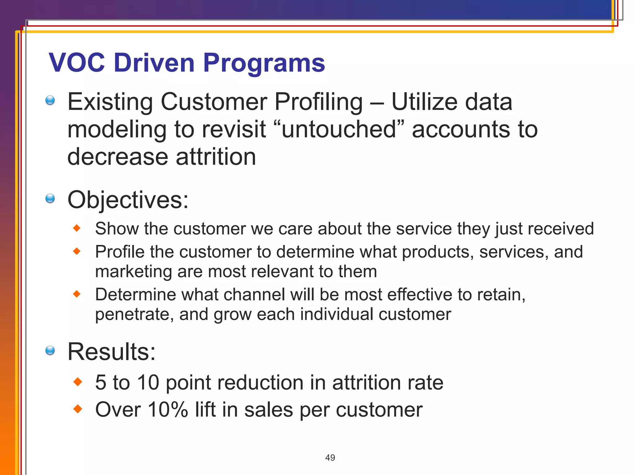 VOC Driven Programs Existing Customer Profiling – Utilize data modeling to revisit “untouched” accounts to decrease attrition Objectives: Show the customer we care about the service they just received Profile the customer to determine what products, services, and marketing are most relevant to them  Determine what channel will be most effective to retain, penetrate, and grow each individual customer Results: 5 to 10 point reduction in attrition rate Over 10% lift in sales per customer 