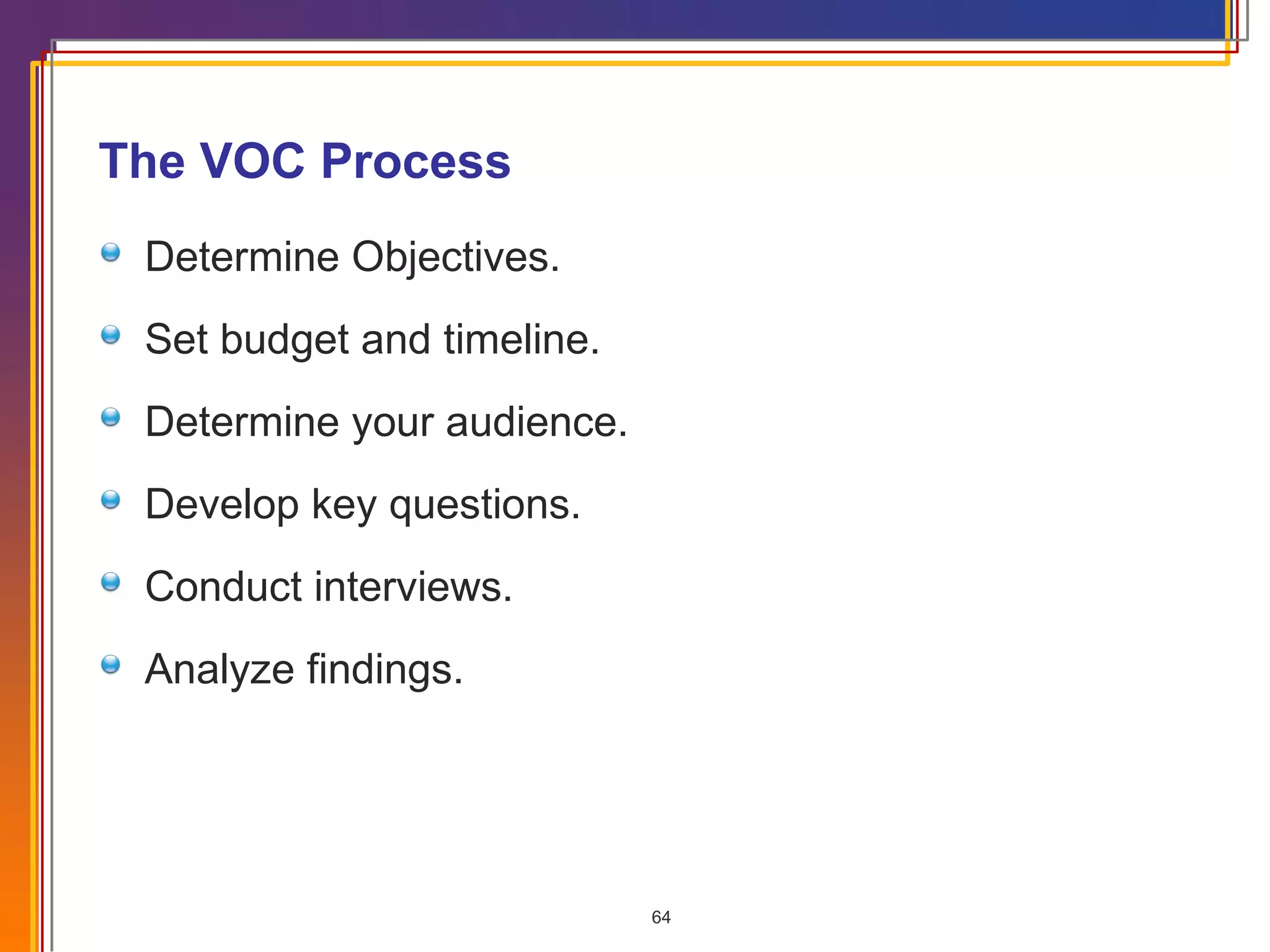 The VOC Process Determine Objectives. Set budget and timeline. Determine your audience. Develop key questions. Conduct interviews. Analyze findings. 
