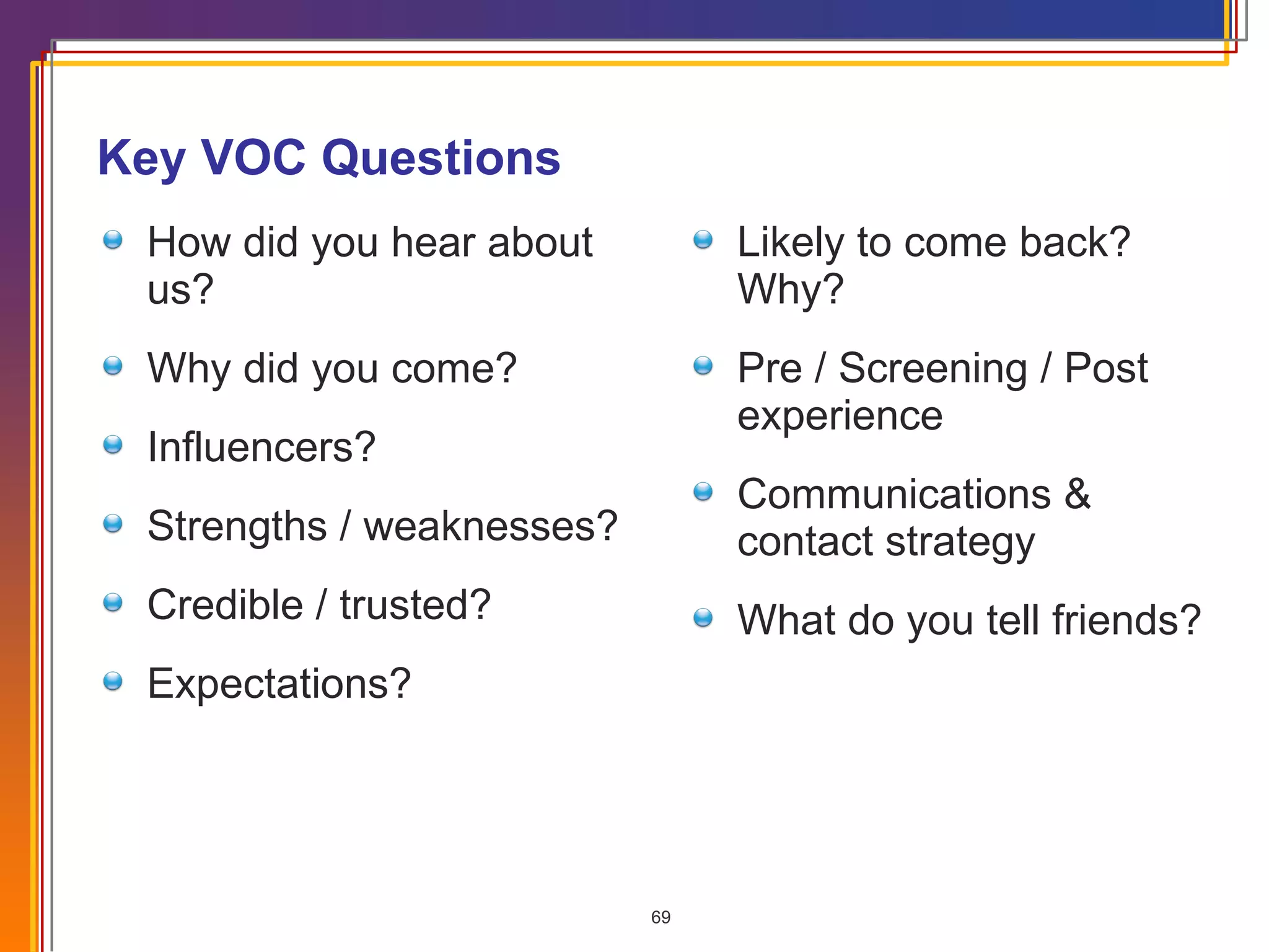 Key VOC Questions How did you hear about us? Why did you come? Influencers? Strengths / weaknesses? Credible / trusted? Expectations? Likely to come back?  Why? Pre / Screening / Post experience Communications & contact strategy What do you tell friends? 