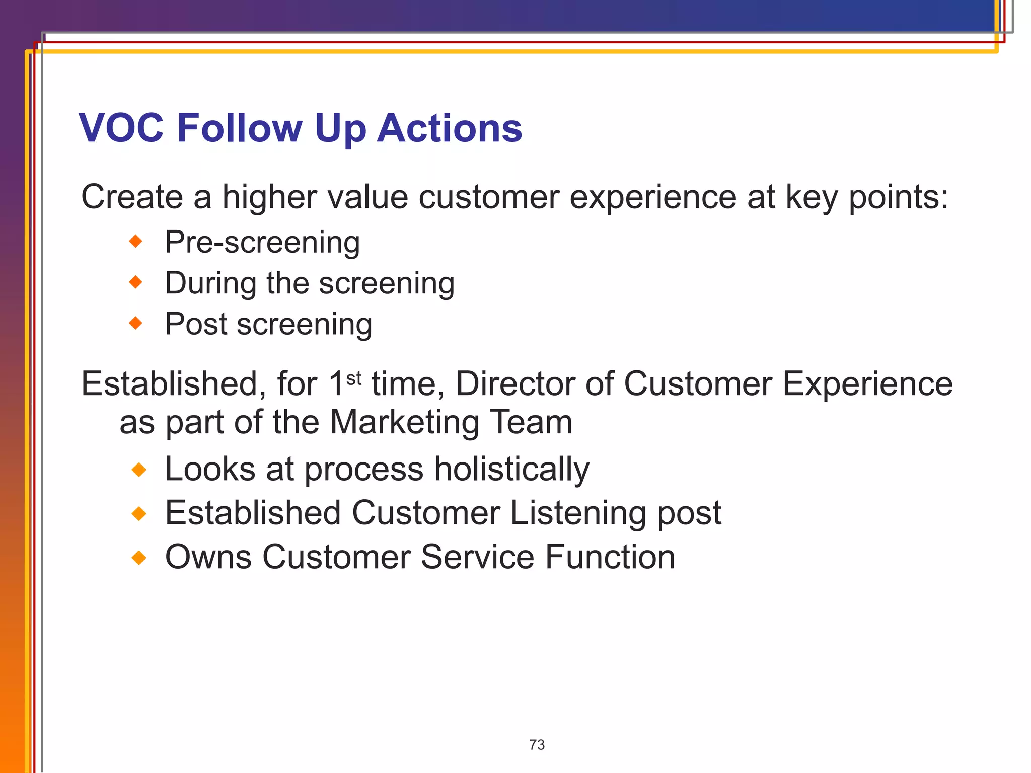 VOC Follow Up Actions Create a higher value customer experience at key points: Pre-screening During the screening Post screening Established, for 1 st  time, Director of Customer Experience as part of the Marketing Team Looks at process holistically Established Customer Listening post Owns Customer Service Function 