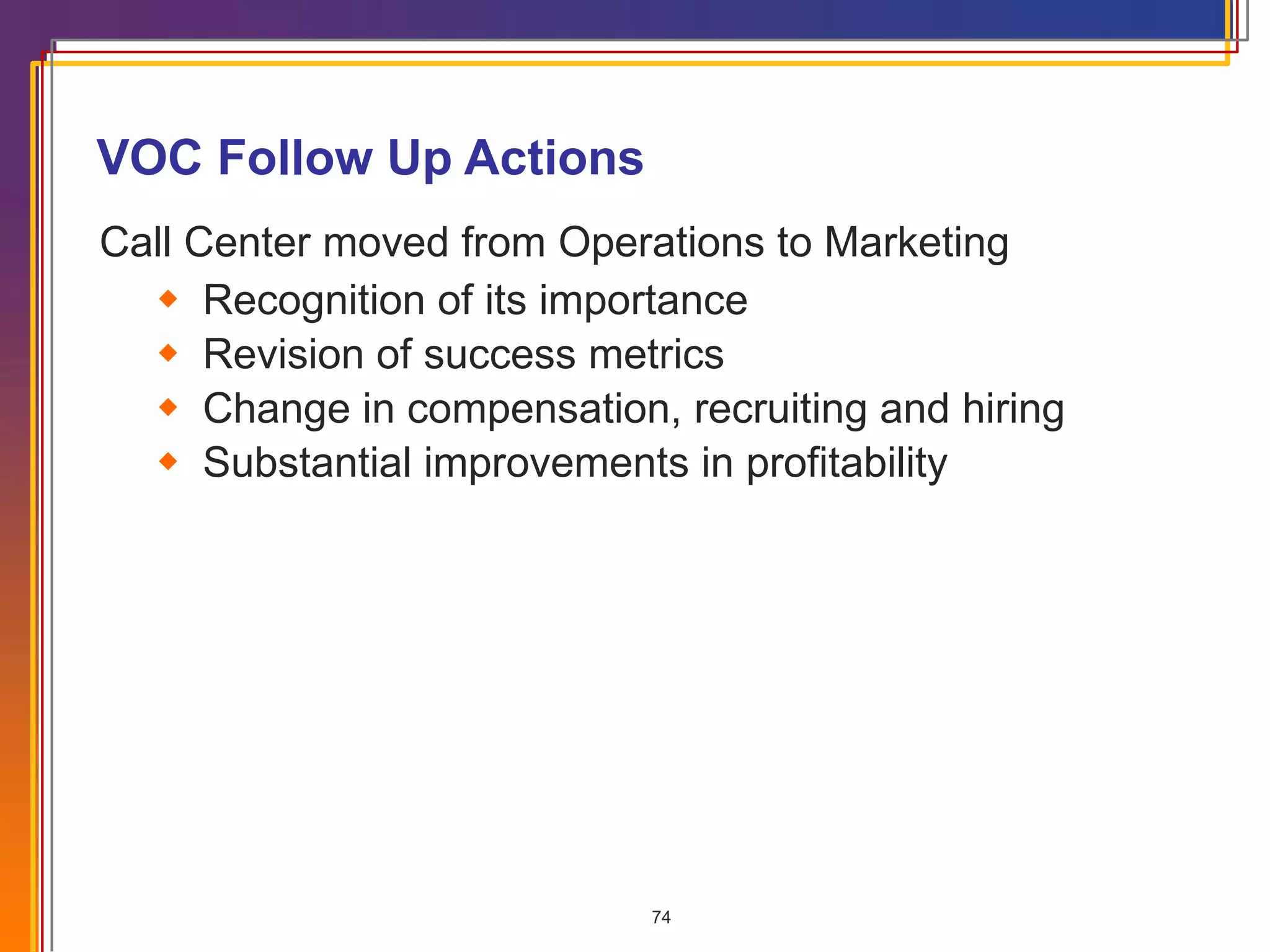 VOC Follow Up Actions Call Center moved from Operations to Marketing Recognition of its importance Revision of success metrics Change in compensation, recruiting and hiring Substantial improvements in profitability 