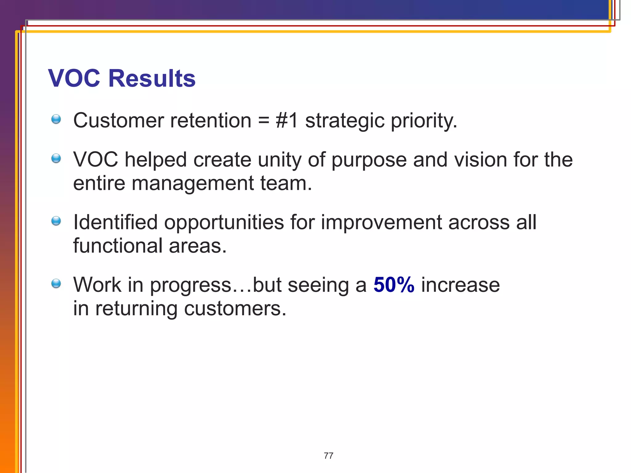 VOC Results Customer retention = #1 strategic priority. VOC helped create unity of purpose and vision for the entire management team. Identified opportunities for improvement across all functional areas. Work in progress…but seeing a  50%  increase  in returning customers. 