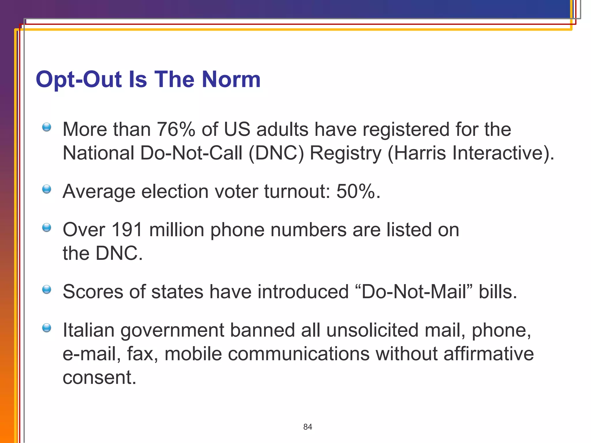 Opt-Out Is The Norm More than 76% of US adults have registered for the National Do-Not-Call (DNC) Registry (Harris Interactive). Average election voter turnout: 50%. Over 191 million phone numbers are listed on  the DNC. Scores of states have introduced “Do-Not-Mail” bills. Italian government banned all unsolicited mail, phone,  e-mail, fax, mobile communications without affirmative consent. 