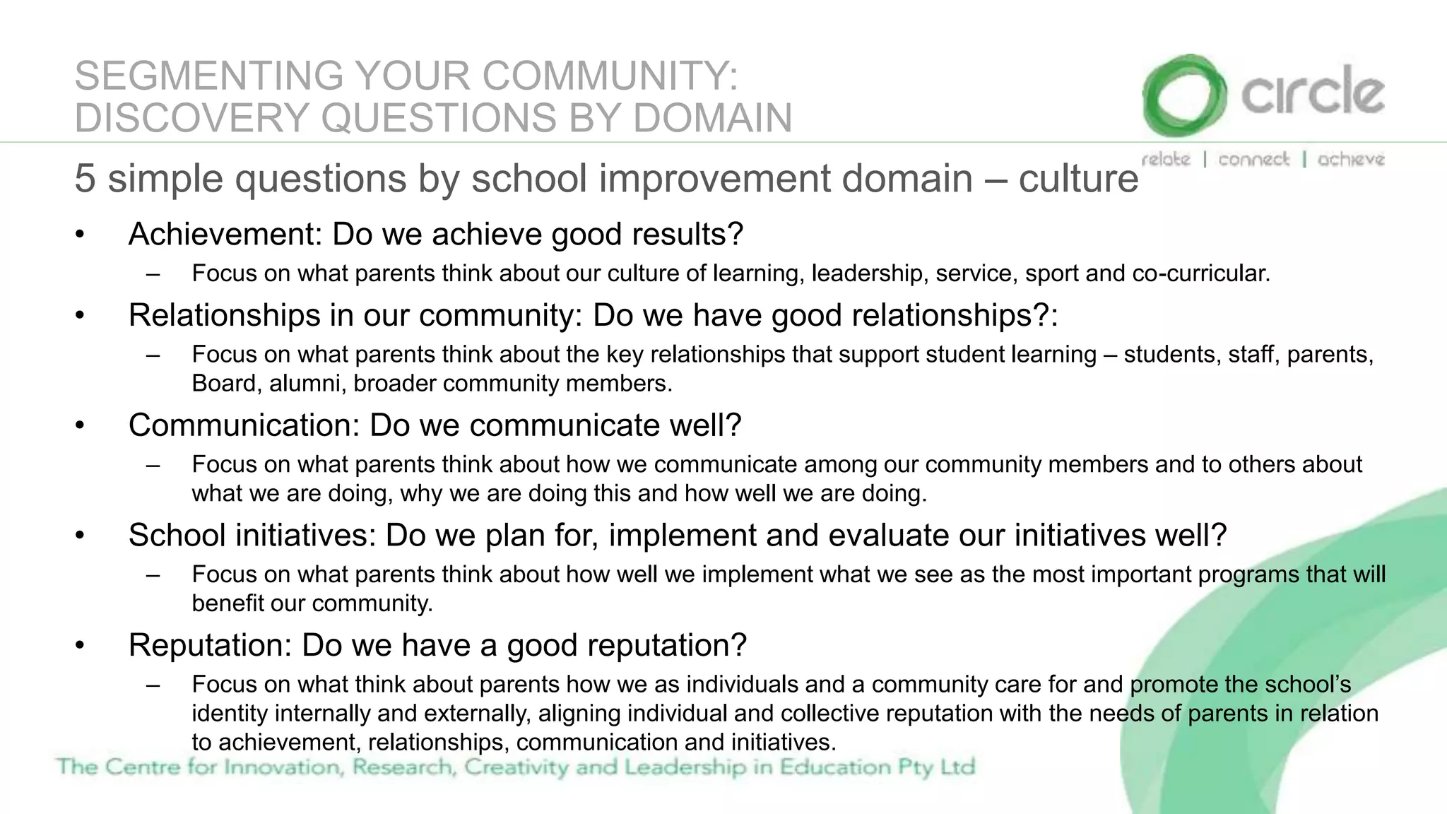 SEGMENTING YOUR COMMUNITY:
DISCOVERY QUESTIONS BY DOMAIN
5 simple questions by school improvement domain – culture
• Achievement: Do we achieve good results?
– Focus on what parents think about our culture of learning, leadership, service, sport and co-curricular.
• Relationships in our community: Do we have good relationships?:
– Focus on what parents think about the key relationships that support student learning – students, staff, parents,
Board, alumni, broader community members.
• Communication: Do we communicate well?
– Focus on what parents think about how we communicate among our community members and to others about
what we are doing, why we are doing this and how well we are doing.
• School initiatives: Do we plan for, implement and evaluate our initiatives well?
– Focus on what parents think about how well we implement what we see as the most important programs that will
benefit our community.
• Reputation: Do we have a good reputation?
– Focus on what think about parents how we as individuals and a community care for and promote the school’s
identity internally and externally, aligning individual and collective reputation with the needs of parents in relation
to achievement, relationships, communication and initiatives.
 