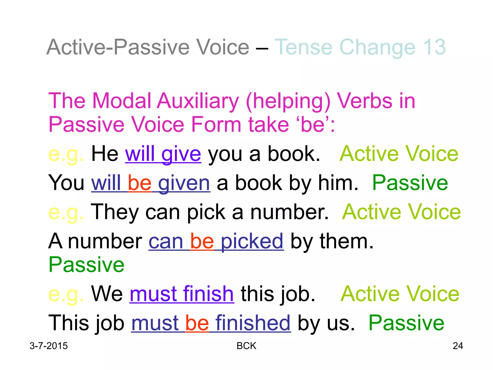 3-7-2015 BCK 24
Active-Passive Voice – Tense Change 13
The Modal Auxiliary (helping) Verbs in
Passive Voice Form take ‘be’:
e.g. He will give you a book. Active Voice
You will be given a book by him. Passive
e.g. They can pick a number. Active Voice
A number can be picked by them.
Passive
e.g. We must finish this job. Active Voice
This job must be finished by us. Passive
 