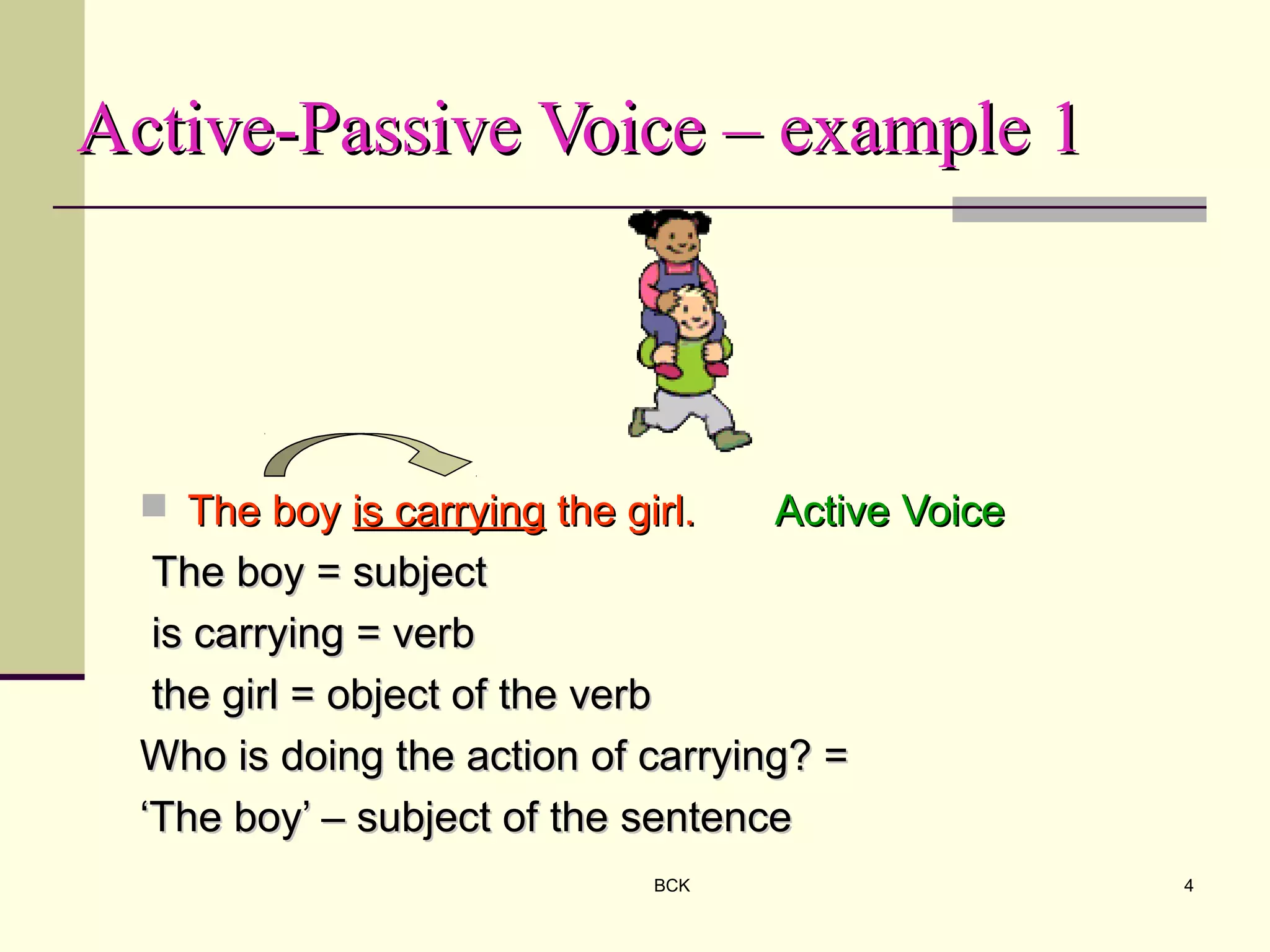 BCK 4
Active-Passive Voice – example 1Active-Passive Voice – example 1
 The boyThe boy is carryingis carrying the girl.the girl. Active VoiceActive Voice
The boy = subjectThe boy = subject
is carrying = verbis carrying = verb
the girl = object of the verbthe girl = object of the verb
Who is doing the action of carrying? =Who is doing the action of carrying? =
‘‘The boy’ – subject of the sentenceThe boy’ – subject of the sentence
 
