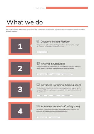 Statistical Analysis Advanced Analytic
The platform automatically conduct data cleanning & statistical analysis; so ana-
lysts could add in the business analysis for deeper analysis
1
2
3
4
Product information
User recruitment
Market Size
Data analysis
Database
Companies to select the component of the expected report from Voice Pick report
library, and fill in a few details of the questionnaire to start the project
The client could also select user interest, psychology behavior to target or gain in-
formation of different psychology segmentation in their report without asking in
the questionnaire
User recruitment
Companies set up the deliverable, target audience (demographic), budget,
etc., and wait to collect the data from real users
We put the customer at the core of your business. We automate the whole research project execution, so companies could focus on their
business questions.
What we do
Customer Insight Platform
Analytic & Consulting
Advanced Targeting (Coming soon)
Automatic Analysis (Coming soon)
Segmentation
Business consulting
 