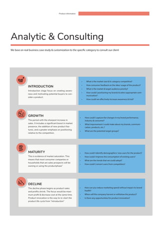 Product information
We base on real business case study & customization to the specific category to consult our client
INTRODUCTION
Introduction stage focus on creating aware-
ness and motivating potential buyers to con-
sider a product.
GROWTH
The period with the sharpest increase in
sales. It includes a significant boost in market
presence, the addition of new product fea-
tures, and a greater emphasis on positioning
relative to the competition.
Analytic & Consulting
•	 What is the market size & its category competitive?
•	 How consumer feedback on the idea/ usage of the product?
•	 What is the market & target audience priority?
•	 How could I positioning my brands & select appropriate com-
munication?
•	 How could we effectively increase awareness & trial?
•	 How could I capture the changes in my brand performance,
industry & consumer?
•	 What improvement I could make about my brands, communi-
cation, products, etc.?
•	 What are the potential target groups?
MATURITY
This is evidence of market saturation. This
means that most consumer companies or
households that are sales prospects will be
owning or using the productphase”
•	 How could I identify demographics/ new users for the product?
•	 How could I improve the consumption of existing users?
•	 What are the trends that we could adopt?
•	 How could I convert users from competitors?
DECLINE
The decline phase begins as product sales
and profits shrink. The focus would be maxi-
mum profit & decrease cost at the same time.
Product innovation is the way to re-start the
product life cycle from “introduction”
•	 How can you reduce marketing spend without impact its brand
health?
•	 When will the company harvest or withdraw the product?
•	 Is there any opportunities for product innovation?
 