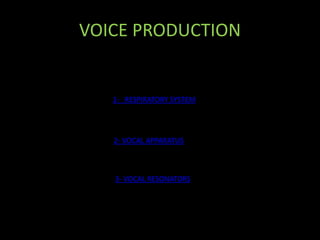 VOICE PRODUCTION
1- RESPIRATORY SYSTEM
2- VOCAL APPARATUS
3- VOCAL RESONATORS
 