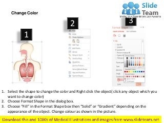 1. Select the shape to change the color and Right click the object( click any object which you
want to change color)
2. Choose Format Shape in the dialog box.
3. Choose “Fill” in the Format Shape box then “Solid” or “Gradient” depending on the
appearance of the object. Change colour as shown in the picture.
Change Color
1
2 3
 