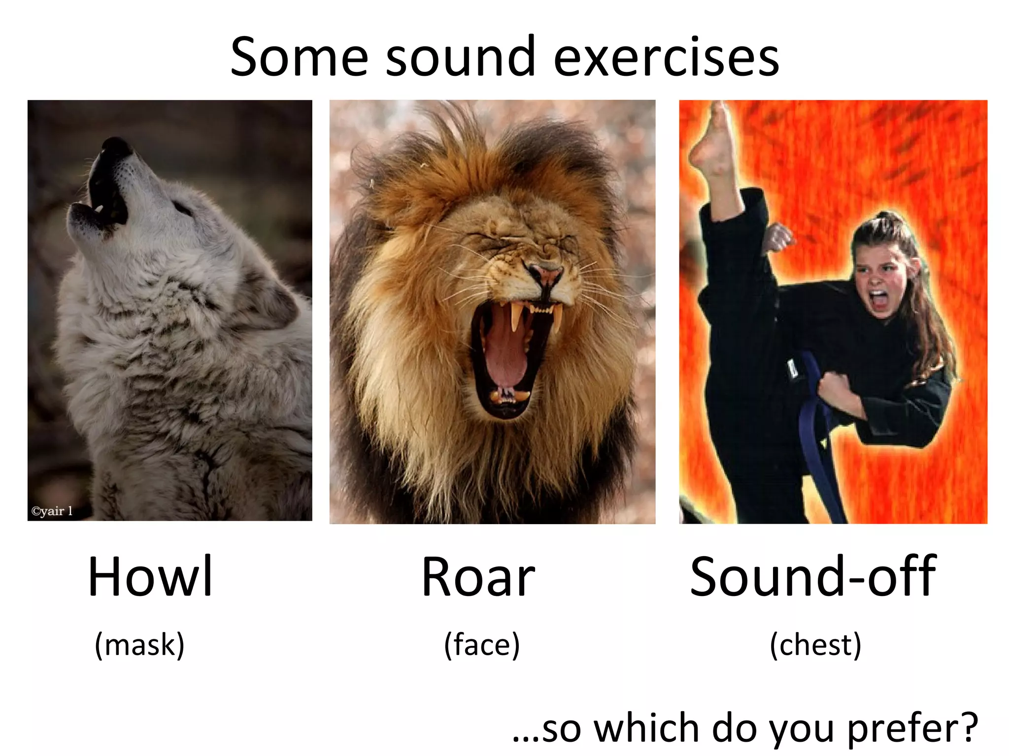 Some sound exercises
Howl Roar Sound-off
…so which do you prefer?
(mask) (face) (chest)
 