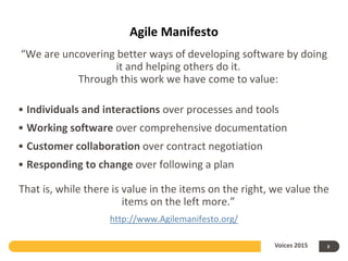 Agile Manifesto
“We are uncovering better ways of developing software by doing
it and helping others do it.
Through this work we have come to value:
• Individuals and interactions over processes and tools
• Working software over comprehensive documentation
• Customer collaboration over contract negotiation
• Responding to change over following a plan
That is, while there is value in the items on the right, we value the
items on the left more.”
http://www.Agilemanifesto.org/
3Voices 2015
 
