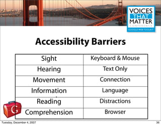 Accessibility Barriers
                             Sight    Keyboard & Mouse
                            Hearing       Te...