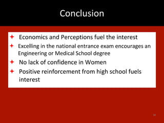 Conclusion
 Economics and Perceptions fuel the interest
 Excelling in the national entrance exam encourages an
Engineering or Medical School degree
 No lack of confidence in Women
 Positive reinforcement from high school fuels
interest
30
 