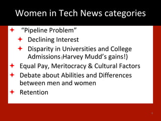 Women in Tech News categories
 “Pipeline Problem”
 Declining Interest
 Disparity in Universities and College
Admissions(Harvey Mudd’s gains!)
 Equal Pay, Meritocracy & Cultural Factors
 Debate about Abilities and Differences
between men and women
 Retention
6
 