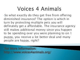 •So what exactly do they get free from offering
diminished insurance? The option is which in
turn by protecting multiple pets you will
definately get a affordable. The insurance agency
still makes additional money since you happen
to be spending over you were planning to on 1
puppy, you receive a lot better deal and many
people are happy, right?
•For More Information:
http://www.voices4animals.org/
 