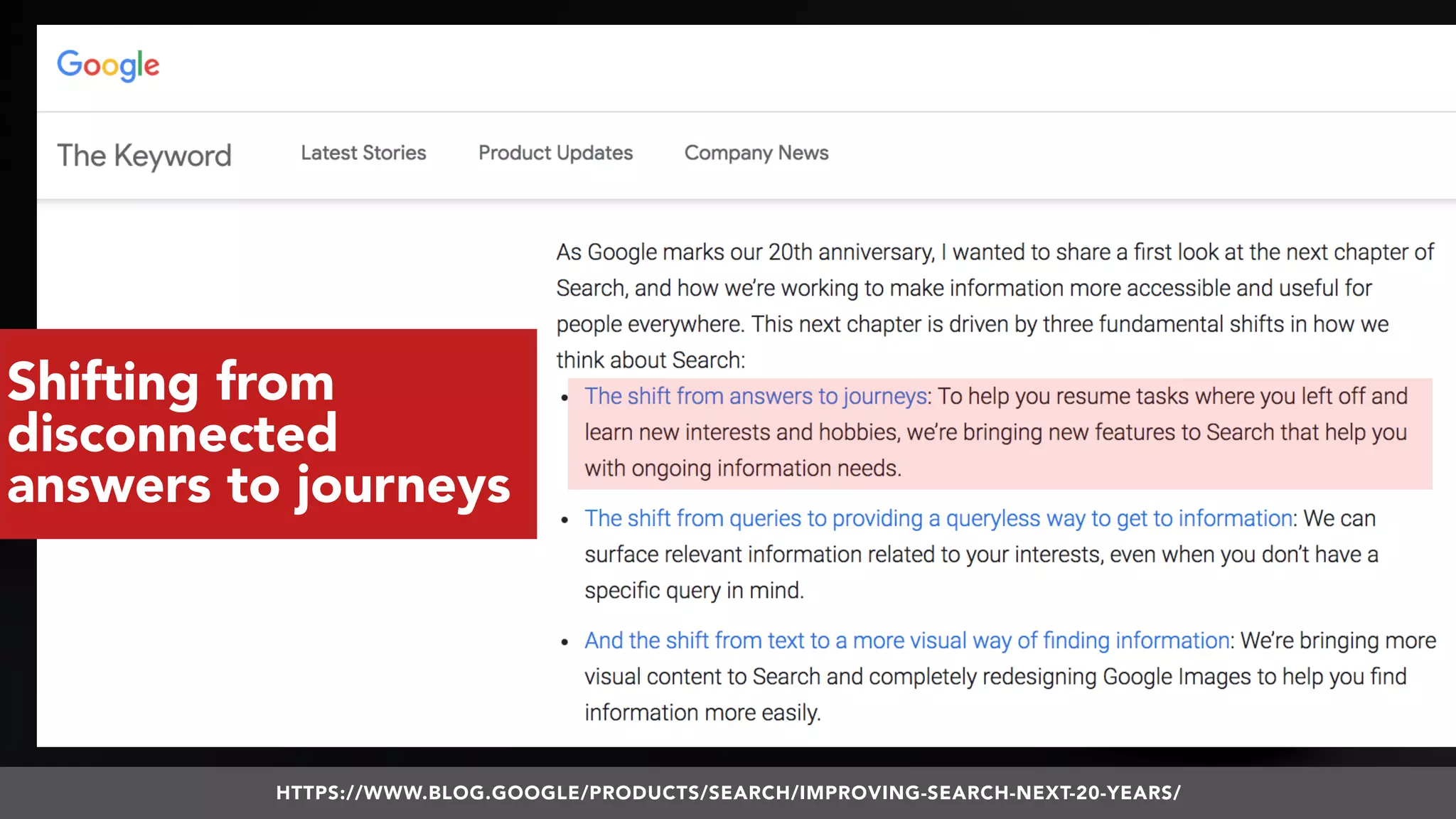 #VOICESEARCH BY @ALEYDA FROM #ORAINTI AT #SMXL18
Shifting from
disconnected
answers to journeys
HTTPS://WWW.BLOG.GOOGLE/PRODUCTS/SEARCH/IMPROVING-SEARCH-NEXT-20-YEARS/
 
