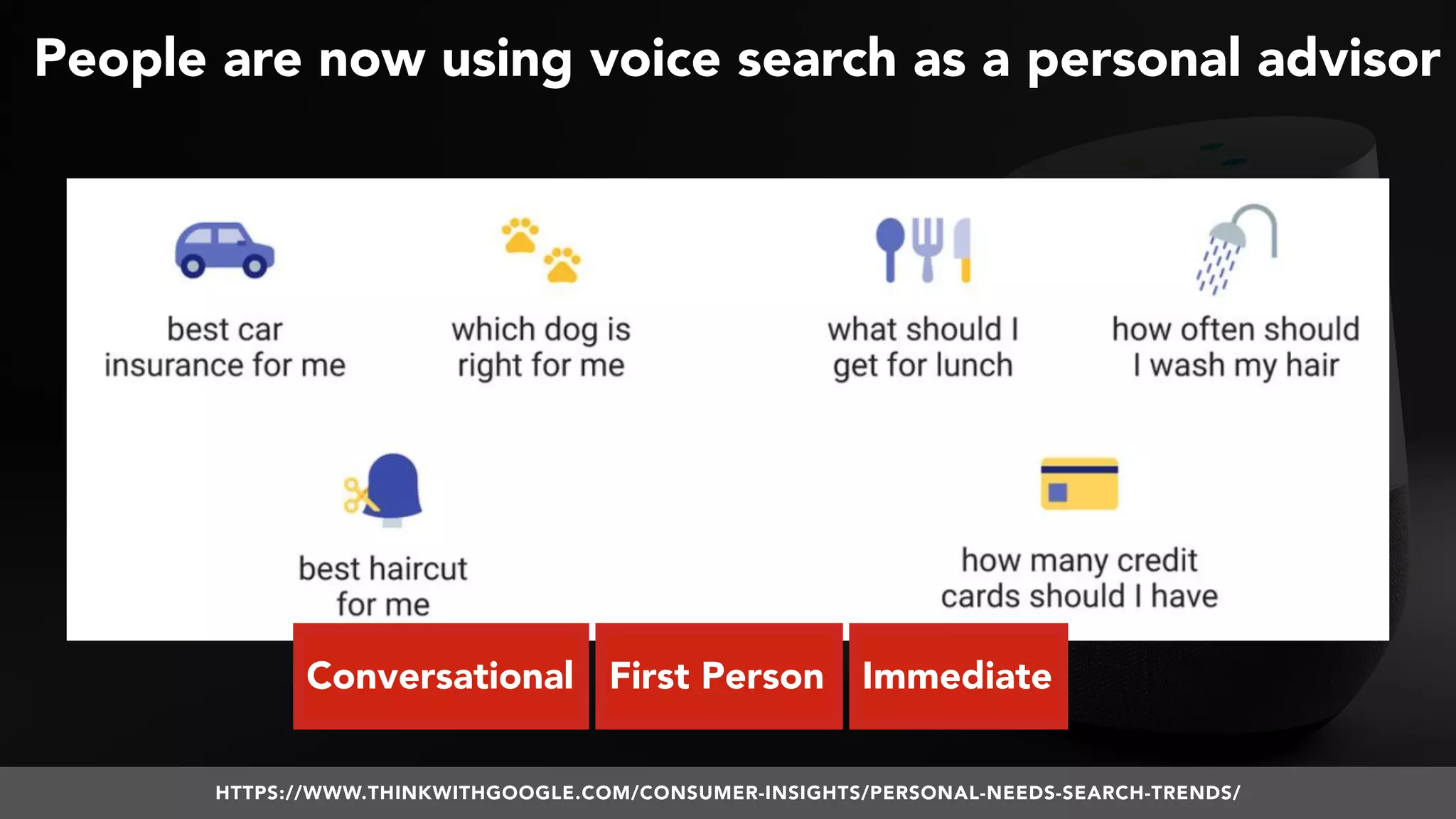 #VOICESEARCH BY @ALEYDA FROM #ORAINTI AT #SMXL18
People are now using voice search as a personal advisor
HTTPS://WWW.THINKWITHGOOGLE.COM/CONSUMER-INSIGHTS/PERSONAL-NEEDS-SEARCH-TRENDS/
Conversational ImmediateFirst Person
 