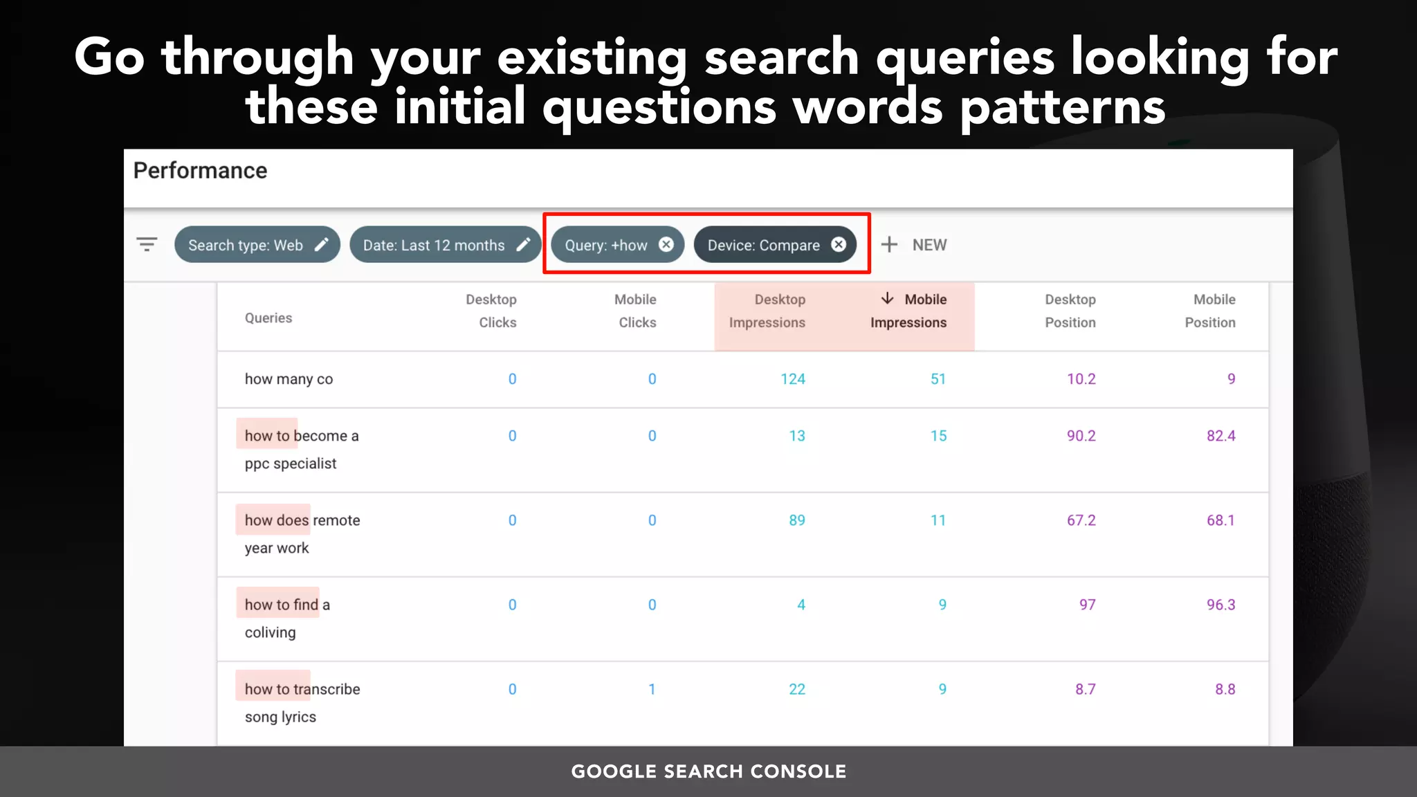 #VOICESEARCH BY @ALEYDA FROM #ORAINTI AT #SMXL18
Go through your existing search queries looking for
these initial questions words patterns
GOOGLE SEARCH CONSOLE
 