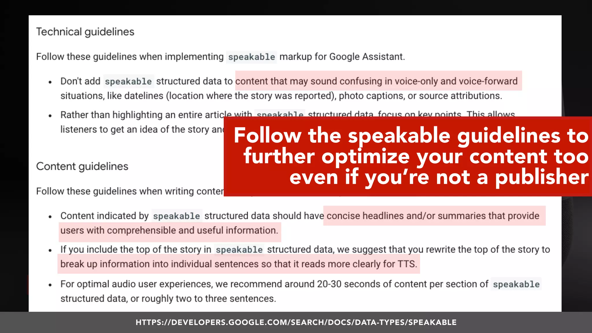 #VOICESEARCH BY @ALEYDA FROM #ORAINTI AT #SMXL18
Follow the speakable guidelines to
further optimize your content too
even if you’re not a publisher
HTTPS://DEVELOPERS.GOOGLE.COM/SEARCH/DOCS/DATA-TYPES/SPEAKABLE
 