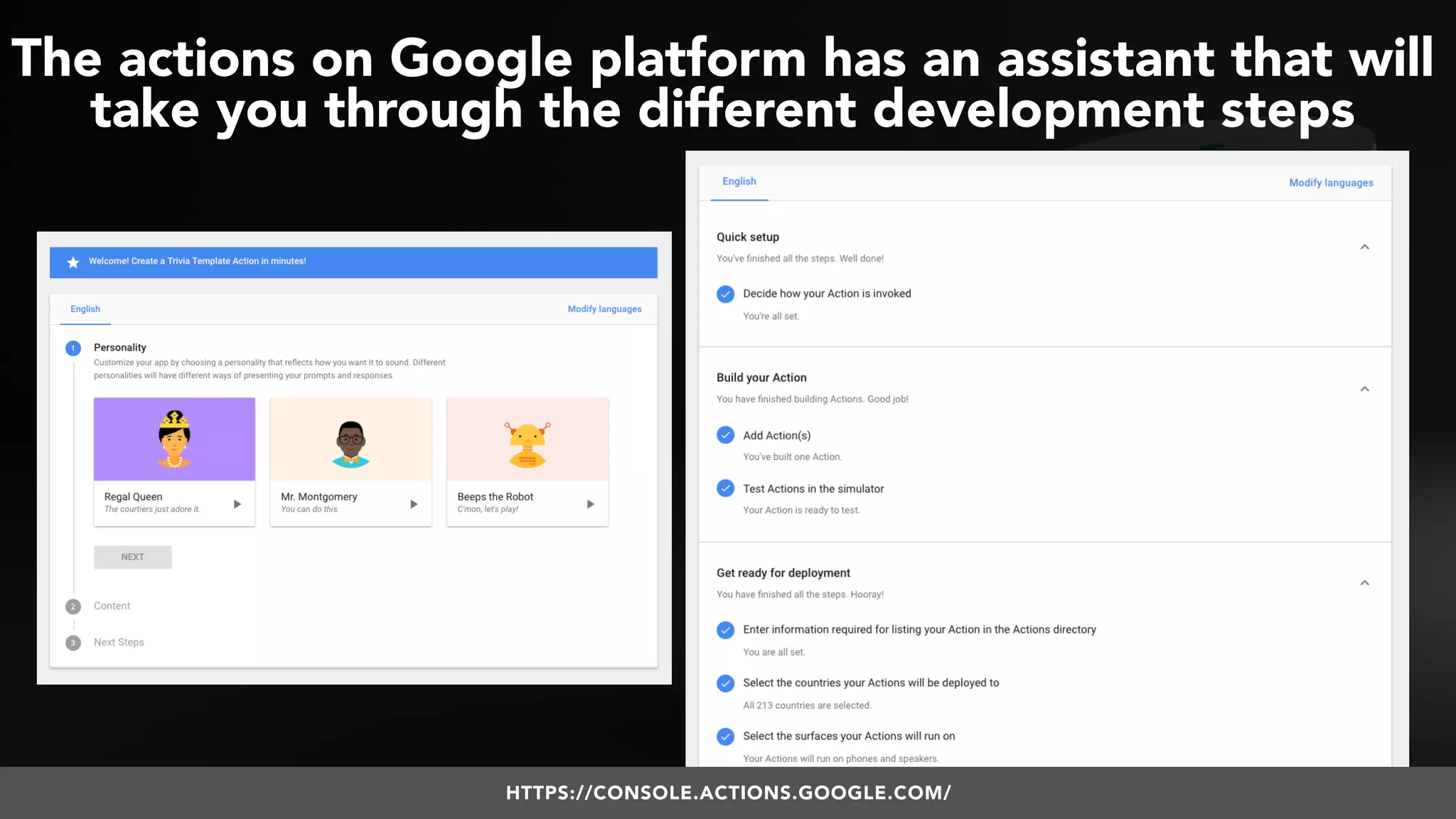 #VOICESEARCH BY @ALEYDA FROM #ORAINTI AT #SMXL18
The actions on Google platform has an assistant that will
take you through the different development steps
HTTPS://CONSOLE.ACTIONS.GOOGLE.COM/
 