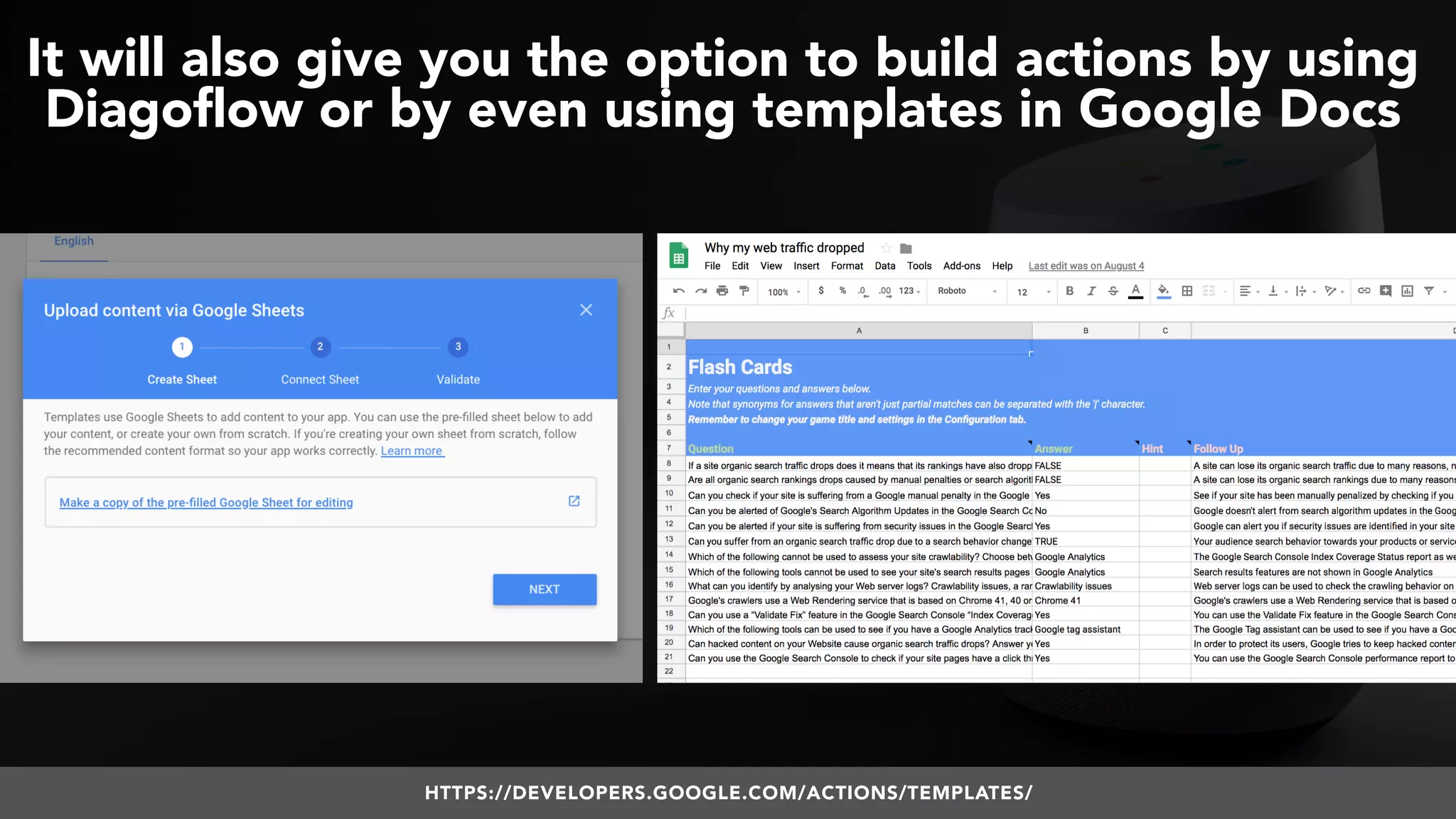#VOICESEARCH BY @ALEYDA FROM #ORAINTI AT #SMXL18
It will also give you the option to build actions by using
Diagoflow or by even using templates in Google Docs
HTTPS://DEVELOPERS.GOOGLE.COM/ACTIONS/TEMPLATES/
 