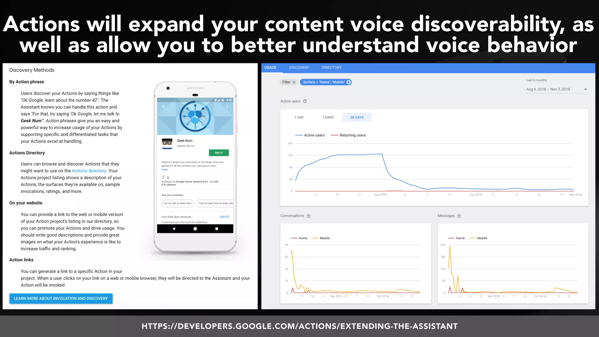 #VOICESEARCH BY @ALEYDA FROM #ORAINTI AT #SMXL18
Actions will expand your content voice discoverability, as
well as allow you to better understand voice behavior
HTTPS://DEVELOPERS.GOOGLE.COM/ACTIONS/EXTENDING-THE-ASSISTANT
 