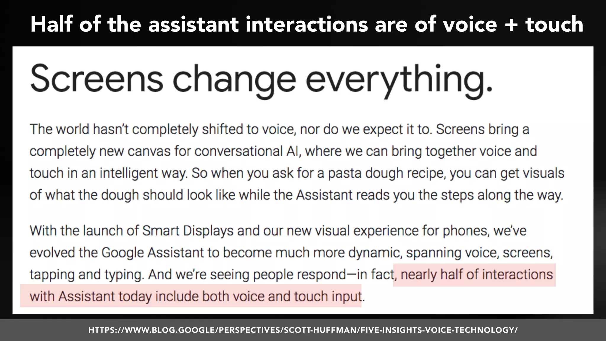 #VOICESEARCH BY @ALEYDA FROM #ORAINTI AT #SMXL18
Half of the assistant interactions are of voice + touch
HTTPS://WWW.BLOG.GOOGLE/PERSPECTIVES/SCOTT-HUFFMAN/FIVE-INSIGHTS-VOICE-TECHNOLOGY/
 
