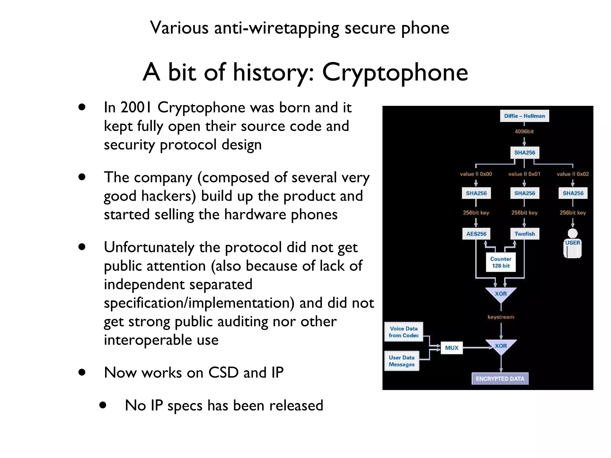 A bit of history: Cryptophone In 2001 Cryptophone was born and it kept fully open their source code and security protocol design The company (composed of several very good hackers) build up the product and started selling the hardware phones Unfortunately the protocol did not get public attention (also because of lack of independent separated specification/implementation) and did not get strong public auditing nor other interoperable use Now works on CSD and IP No IP specs has been released Various anti-wiretapping secure phone 
