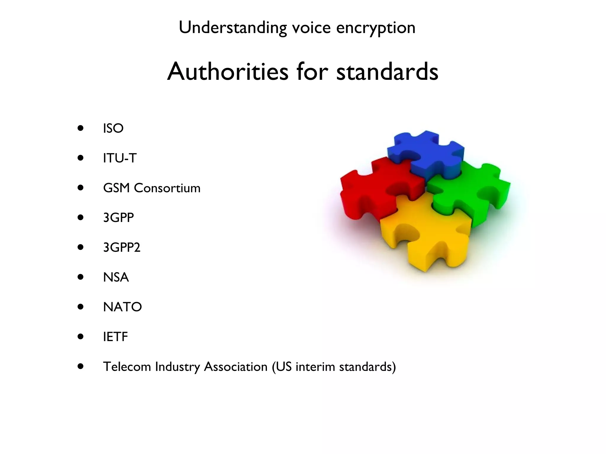 Authorities for standards ISO ITU-T GSM Consortium 3GPP 3GPP2 NSA NATO IETF Telecom Industry Association (US interim standards) Understanding voice encryption 