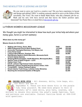   5
THIS NEWSLETTER IS SEEKING AN EDITOR 
Do you want to serve our Lord in a creative way? Do you have experience in layout
and design and editing? OSLC is seeking someone special to serve as the Editor of this
newsletter, The Voice. We want to thank Mark Stone, who did a fantastic job for us.
Mark and his new wife have moved and that leaves the Editor position open.
Interested? See Pastor Dave or email him at dave@oslc-gb.org.
LUTHERAN WOMEN’S MISSIONARY LEAGUE
We thought you might be interested to know how much your mites help and where your
money goes…here’s a current summary:
Where does my mite money go?
Mission Grants for 2012-2014
 Walking with Victory, Quinn, Mich. PAID $20,000
 NWD Professional Church Work Student Grant 1/2 PAID $25,000
 Concordia Theological Seminary, Fort Wayne, Ind. PAID $10,000
 Every Kid to Camp PAID $10,000
 Lutheran Blind Mission, Gresham, Wis. PAID $4,000
 Deaf Ministry Needs to North Wisconsin, Minnesota North
& North Dakota Districts PAID $15,000
 Shipping Medical Supplies, Health Ministries, Minneapolis,Minn. PAID $12,000
 Special Times of Need Program – LCFS PAID $10,000
 Orphan Grain Train PAID $9,000
 N.E.W. Lutheran High School Tuition Assistance PAID $10,000
 Bethesda Lutheran Hospital Nursing School, Ambur, India $15,000
 Trinity/HOPE – Haitian Feeding Program $5,000
 Dream Catcher Youth Group, Lutheran Indian Ministries $2,500
 Reaching the Unreached Kazakhs of Mongolia $2,500
CHICKS WITH STIX – All dresses, dolls, tote bags, etc.
for Haiti are due on
September 8. There are more dress kits in the purple
tub; help yourself. We need more people to knit or
crochet; we’ll need dolls, plus hats, scarves, and
mittens to donate this winter the area’s needy families. Yarn
and patterns are available. Contact Caroline Arndt at 468-3140
with questions.
 