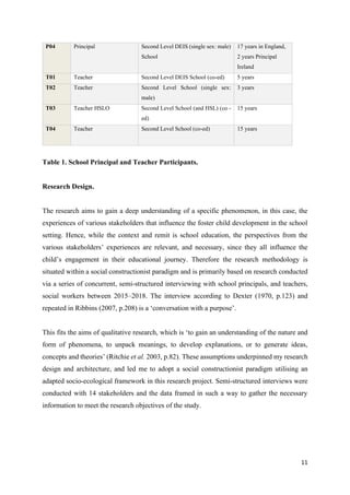 11
P04 Principal Second Level DEIS (single sex: male)
School
17 years in England,
2 years Principal
Ireland
T01 Teacher Second Level DEIS School (co-ed) 5 years
T02 Teacher Second Level School (single sex:
male)
3 years
T03 Teacher HSLO Second Level School (and HSL) (co -
ed)
15 years
T04 Teacher Second Level School (co-ed) 15 years
Table 1. School Principal and Teacher Participants.
Research Design.
The research aims to gain a deep understanding of a specific phenomenon, in this case, the
experiences of various stakeholders that influence the foster child development in the school
setting. Hence, while the context and remit is school education, the perspectives from the
various stakeholders’ experiences are relevant, and necessary, since they all influence the
child’s engagement in their educational journey. Therefore the research methodology is
situated within a social constructionist paradigm and is primarily based on research conducted
via a series of concurrent, semi-structured interviewing with school principals, and teachers,
social workers between 2015–2018. The interview according to Dexter (1970, p.123) and
repeated in Ribbins (2007, p.208) is a ‘conversation with a purpose’.
This fits the aims of qualitative research, which is ‘to gain an understanding of the nature and
form of phenomena, to unpack meanings, to develop explanations, or to generate ideas,
concepts and theories’ (Ritchie et al. 2003, p.82). These assumptions underpinned my research
design and architecture, and led me to adopt a social constructionist paradigm utilising an
adapted socio-ecological framework in this research project. Semi-structured interviews were
conducted with 14 stakeholders and the data framed in such a way to gather the necessary
information to meet the research objectives of the study.
 
