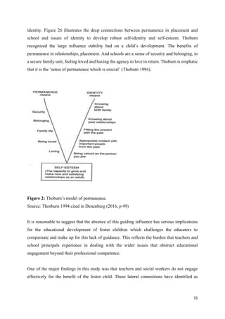 31
identity. Figure 26 illustrates the deep connections between permanence in placement and
school and issues of identity to develop robust self-identity and self-esteem. Thoburn
recognized the large influence stability had on a child’s development. The benefits of
permanence in relationships, placement. And schools are a sense of security and belonging, in
a secure family unit, feeling loved and having the agency to love in return. Thoburn is emphatic
that it is the ‘sense of permanence which is crucial’ (Thoburn 1994).
Figure 2: Thoburn’s model of permanence.
Source: Thorburn 1994 cited in Denenberg (2016, p 49)
It is reasonable to suggest that the absence of this guiding influence has serious implications
for the educational development of foster children which challenges the educators to
compensate and make up for this lack of guidance. This reflects the burden that teachers and
school principals experience in dealing with the wider issues that obstruct educational
engagement beyond their professional competence.
One of the major findings in this study was that teachers and social workers do not engage
effectively for the benefit of the foster child. These lateral connections have identified as
 