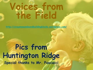 Voices from
the Field
http://crayonswandsandbuildingblocks.wordpress.com/
Pics from
Huntington Ridge
Special thanks to Mr. Pascucci
 