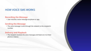 HOW VOICE SMS WORKS
Recording the Message
• User records a voice message via phone or app.
Sending the Message
• The voice message is sent through the network to the recipient’s
number.
Delivery and Playback
• The recipient receives the voice message and listens to it on their
phone or device.
 