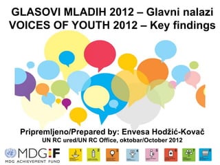 GLASOVI MLADIH 2012 – Glavni nalazi
VOICES OF YOUTH 2012 – Key findings




 Pripremljeno/Prepared by: Envesa Hodžić-Kovač
      UN RC ured/UN RC Office, oktobar/October 2012
 