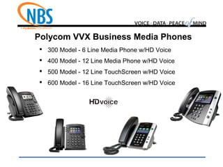 Polycom VVX Business Media Phones
 300 Model - 6 Line Media Phone w/HD Voice
 400 Model - 12 Line Media Phone w/HD Voice
 500 Model - 12 Line TouchScreen w/HD Voice
 600 Model - 16 Line TouchScreen w/HD Voice
 