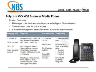 • Product Overview
− Mid-range, color business media phone with Gigabit Ethernet option
− Twelve speed dials for quick access
− Combines key system ease-of-use with advanced user interface
Polycom VVX 400 Business Media Phone
 