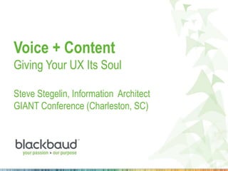 Voice + Content
Giving Your UX Its Soul
Steve Stegelin, Information Architect
GIANT Conference (Charleston, SC)
 