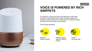VOICE IS POWERED BY RICH
SNIPPETS
If a searcher is using voice search and expecting a verbal reply,
they will not be prese...