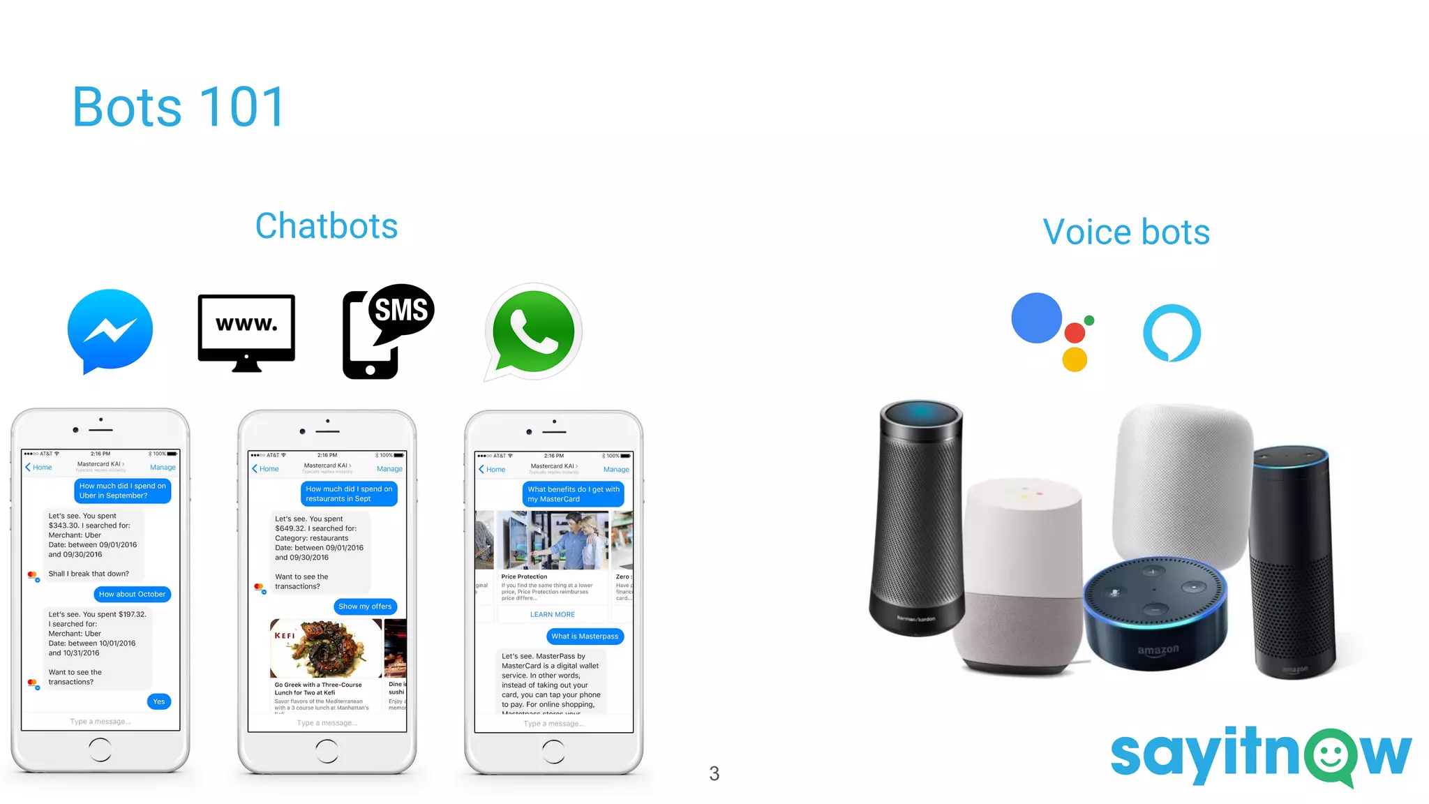 Bots 101
3
Chatbots Voice bots
 