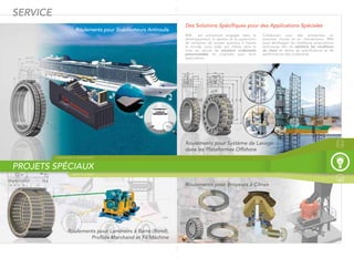 SERVICE
INGÉNIERIE & ASSISTANCE
PROJETS SPÉCIAUX
JUSTE À TEMPSJUJUJUSTSTSTEEE-ÀÀÀÀ-TETETEMPMPMPSSS
Roulements pour Stabilisateurs Antiroulis
Roulements pour Laminoirs à Barre (Rond),
Proﬁlés Marchand et Fil Machine
Des Solutions Spéciﬁques pour des Applications Spéciales
RKB est activement engagée dans le
développement, la gestion et la supervision
de centaines de projets spéciaux à travers
le monde, pour aider ses clients dans la
mise en œuvre de solutions roulements
personnalisées et originales pour leurs
applications.
Collaborant avec des entreprises en
première monte et en maintenance, RKB
peut développer les meilleures propositions
techniques aﬁn de satisfaire les conditions
du client en terme de spéciﬁcations et de
performances des roulements.
Roulements pour Système de Lavage
dans les Plateformes Offshore
Roulements pour Broyeurs à Cônes
 