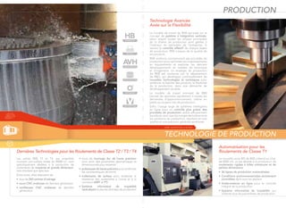 BAINITE HT
TOUGH ROLLER
VICTORY LINE
PROFILE
CAGE DESIGN
OPTIMIZED
Dernières Technologies pour les Roulements de Classe T2 / T3 / T4
Les usines RKB T3 et T4, qui ensemble
couvrent une surface totale de 96000 m2
, sont
spéciﬁquement dédiées à la production de
roulements de moyenne et grande dimension,
tant standard que spéciaux.
Entre autre, elles disposent de:
• plus de 260 centres d'usinage
• tours CNC multiaxes de dernière génération
• rectiﬁeuses CNC multiaxes de dernière
génération
• tours de tournage dur de haute précision
pour avoir des paramètres géométriques et
dimensionnels plus resserrés
• polisseuses de haute précision pour améliorer
les caractéristiques de forme
• traitements de surface pour améliorer la
résistance des roulements à l'usure et à la
corrosion (AWT et PT)
• Système informatisé de traçabilité
centralisant toutes les données de production
PROGRAMME QUALITÉPRPRPROGOGOGRARARAMMMMMMEEE QUQUQUALALALITITITÉÉÉ
PRODUCTION
TECHNOLOGIE DE PRODUCTION
Technologie Avancée
Axée sur la Flexibilité
Le modèle de travail de RKB est basé sur le
concept de système à intégration verticale,
selon lequel toutes les phases principales
de la chaîne de production sont gérées à
l'intérieur du périmètre de l'entreprise. À
travers le contrôle effectif de chaque étape
de production, RKB s'assure de la qualité de
ses produits.
RKB améliore constamment ses procédés de
production pour optimiser ses investissements
en équipements et exploiter les derniers
développements en matière de technique
et d'ingénierie. La stratégie de production
de RKB est soutenue par le département
de R&D, qui développe continuellement de
nouvelles technologies et techniques pour
améliorer la ﬁabilité des produits, la ﬂexibilité
de la production, dans une démarche de
développement durable.
Le modèle de travail innovant de RKB
permet de répondre rapidement à toutes les
demandes d'approvisionnement, même en
petits ou moyens lots de production.
Enﬁn, l'usage large de systèmes intelligents
en ligne pour un contrôle plus précis des
procédés de production réduit efﬁcacement
les rebuts, ainsi que les marges de tolérance et
les variations de production, résultant en une
qualité et une précision générale améliorée.
Automatisation pour les
Roulements de Classe T1
La nouvelle usine MS de RKB s'étend sur plus
de 8000 m2, et est dédiée à la production de
roulements rigides à billes miniatures et de
petites dimensions:
• 36 lignes de production automatisées
• Conditions environnementales strictement
contrôlées dans tous les ateliers
• Andéromètres en ligne pour le contrôle
intégral de la production
• Système informatisé de traçabilité qui
collecte tous les paramètres de production
UNE QUESTION D'ACIER
 