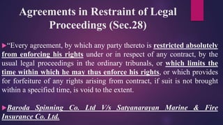 Agreements in Restraint of Legal
Proceedings (Sec.28)
“Every agreement, by which any party thereto is restricted absolutely
from enforcing his rights under or in respect of any contract, by the
usual legal proceedings in the ordinary tribunals, or which limits the
time within which he may thus enforce his rights, or which provides
for forfeiture of any rights arising from contract, if suit is not brought
within a specified time, is void to the extent.
Baroda Spinning Co. Ltd V/s Satyanarayan Marine & Fire
Insurance Co. Ltd.
 
