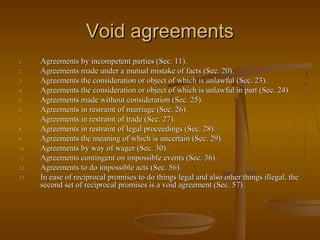 Void agreements
1.    Agreements by incompetent parties (Sec. 11).
2.    Agreements made under a mutual mistake of facts (Sec. 20).
3.    Agreements the consideration or object of which is unlawful (Sec. 23).
4.    Agreements the consideration or object of which is unlawful in part (Sec. 24).
5.    Agreements made without consideration (Sec. 25).
6.    Agreements in restraint of marriage (Sec. 26).
7.    Agreements in restraint of trade (Sec. 27).
8.    Agreements in restraint of legal proceedings (Sec. 28).
9.    Agreements the meaning of which is uncertain (Sec. 29).
10.   Agreements by way of wager (Sec. 30).
11.   Agreements contingent on impossible events (Sec. 36).
12.   Agreements to do impossible acts (Sec. 56).
13.   In ease of reciprocal promises to do things legal and also other things illegal, the
      second set of reciprocal promises is a void agreement (Sec. 57).
 