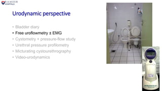 Urodynamic perspective
• Bladder diary
• Free uroflowmetry ± EMG
• Cystometry + pressure-flow study
• Urethral pressure profilometry
• Micturating cystourethrography
• Video-urodynamics
 