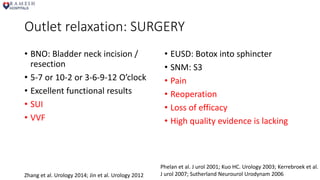 Outlet relaxation: SURGERY
• BNO: Bladder neck incision /
resection
• 5-7 or 10-2 or 3-6-9-12 O’clock
• Excellent functional results
• SUI
• VVF
• EUSD: Botox into sphincter
• SNM: S3
• Pain
• Reoperation
• Loss of efficacy
• High quality evidence is lacking
Zhang et al. Urology 2014; Jin et al. Urology 2012
Phelan et al. J urol 2001; Kuo HC. Urology 2003; Kerrebroek et al.
J urol 2007; Sutherland Neurourol Urodynam 2006
 