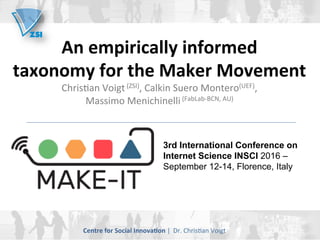 An	empirically	informed		
taxonomy	for	the	Maker	Movement			
Chris&an	Voigt	(ZSI),	Calkin	Suero	Montero(UEF),		
Massimo	Menichinelli	(FabLab-BCN,	AU)		
Centre	for	Social	Innova9on	|		Dr.	Chris&an	Voigt		
3rd International Conference on
Internet Science INSCI 2016 –
September 12-14, Florence, Italy
 
